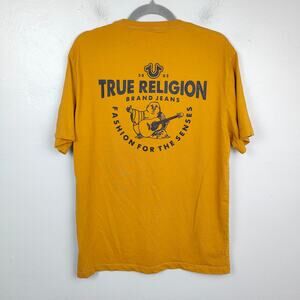 True Religion Buddha Graphic‎ T-Shirt Mens XL Yellow Tee Rock Cotton Crewneck